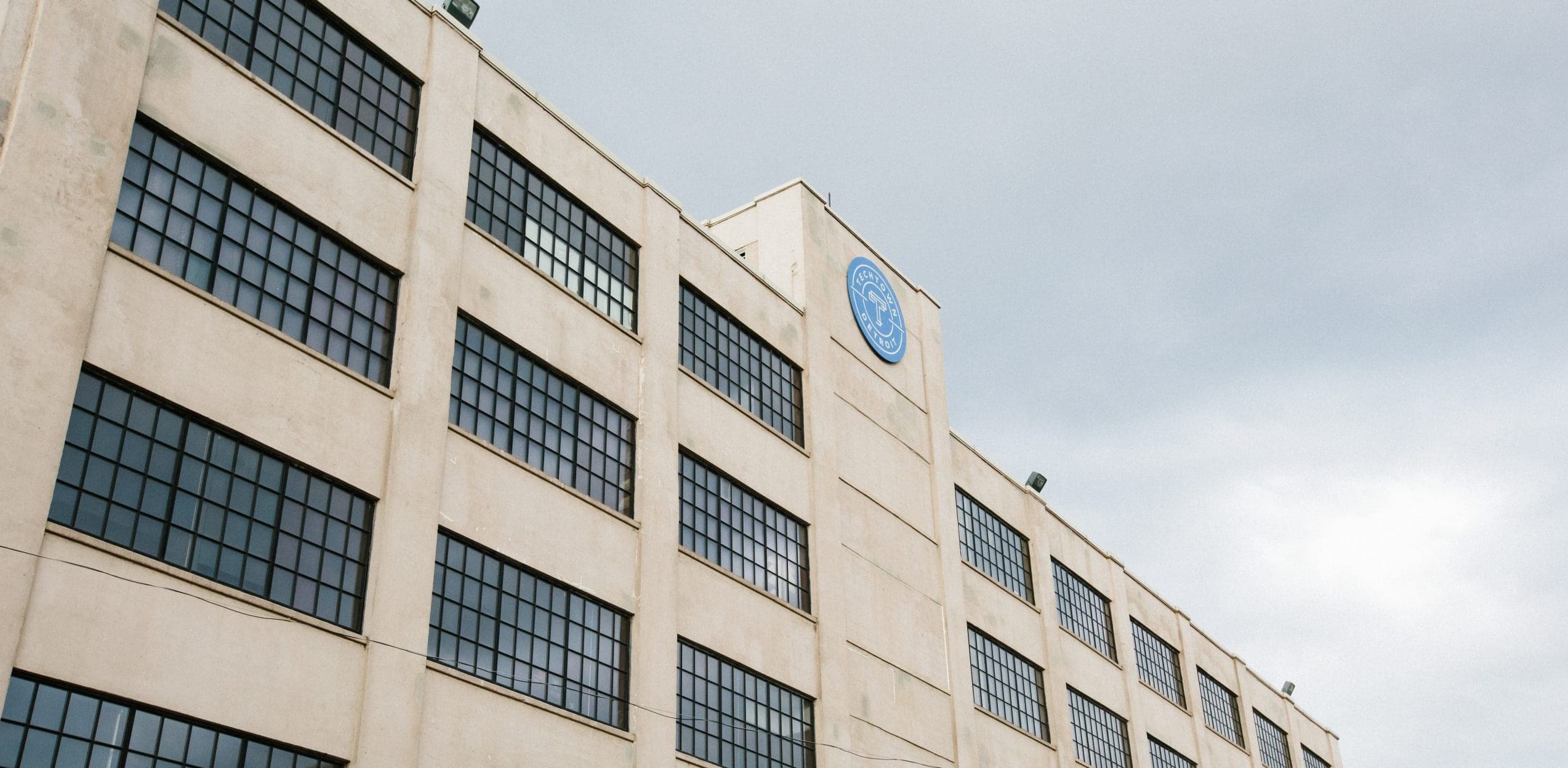 Front of TechTown building seen from the ground up