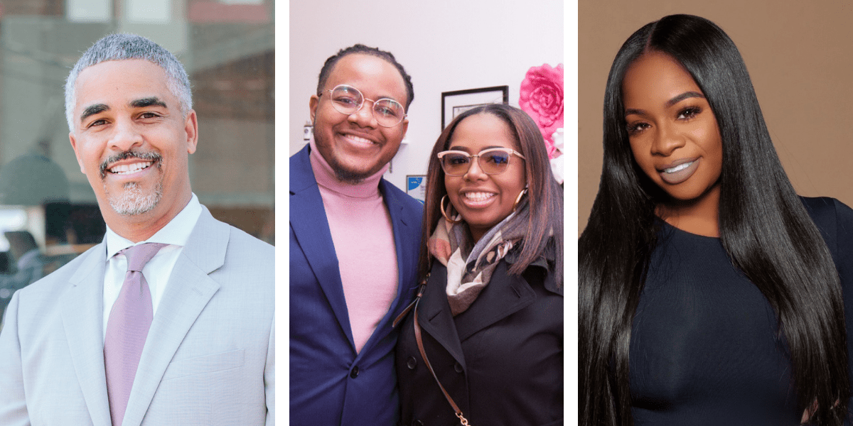 Three photos of TechTown alumni in front of their businesses in Detroit